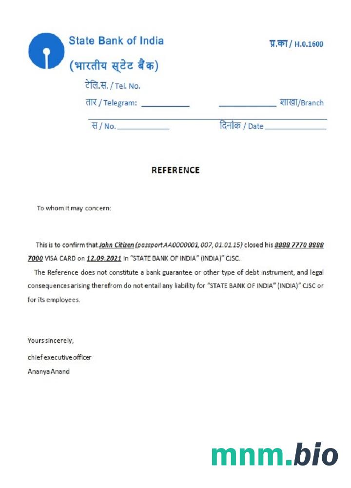 Przykład odniesienia do zamknięcia India State Bank Of India w formatach Word i PDF